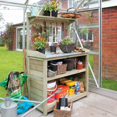 4 Tier Wooden Potting Bench 077 - Pressure Treated, Steel Table Top